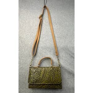 Leon Mexico Genuine Tooled Leather Floral Crossbody Bag Green Western Boho